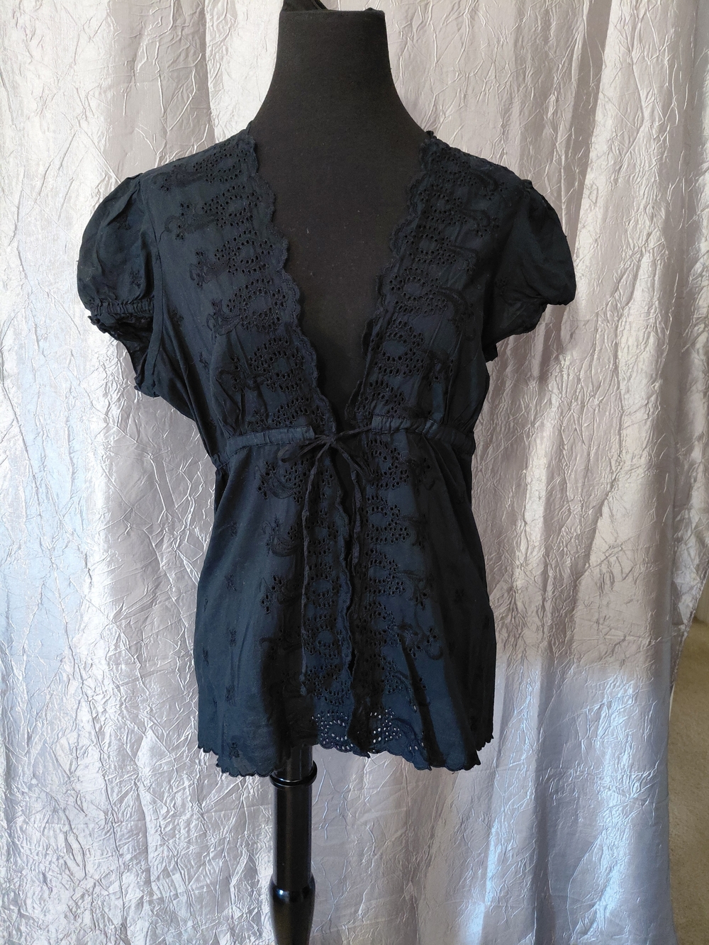 a.n.a Black Eyelet Lace-Trim Short Sleeve Blouse